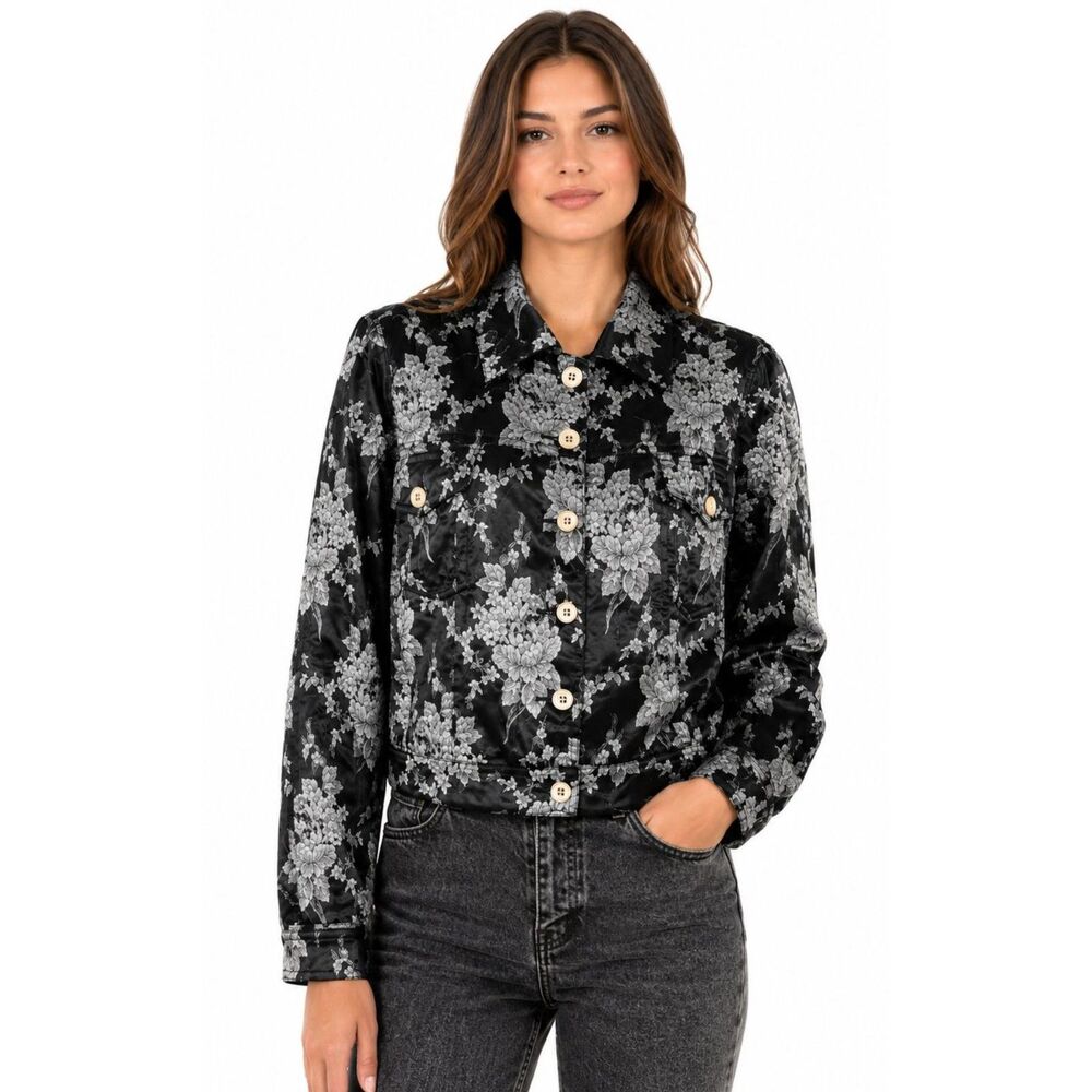 Karen Kane S M Black Gray Floral Brocade Bomber Jacket Vintage
